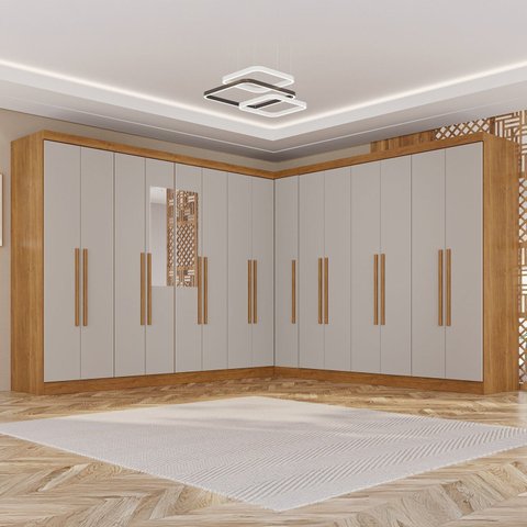Guarda-Roupa de Canto Modulado com Espelho 15 Portas 6 Gavetas Inglaterra Bege/Cinamomo/Off White
