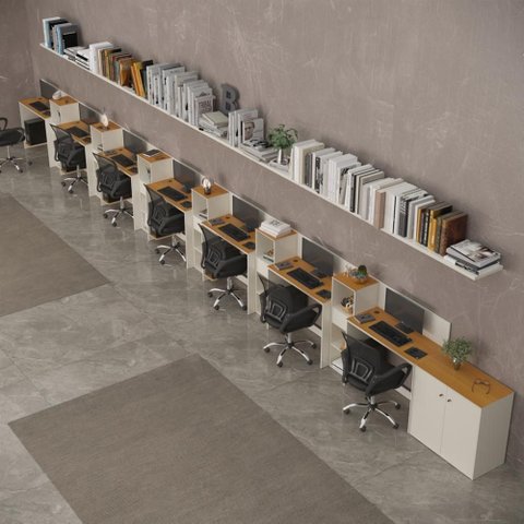 Conjunto de Escritório Smart 6 Livreiro 1 Buffet e 7 Mesas 90cm - Off White e Cedro