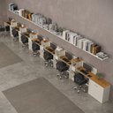Ver imagem 1 de Conjunto de Escritório Smart 6 Livreiro 1 Buffet e 7 Mesas 90cm - Off White e Cedro