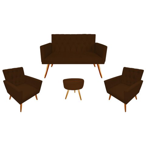 Kit Namoradeira + 2 Poltronas Decorativa Nina Capitonê + Puff Redondo Suede Marrom Pés Madeira Mz De