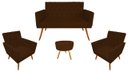 Ver imagem 1 de Kit Namoradeira + 2 Poltronas Decorativa Nina Capitonê + Puff Redondo Suede Marrom Pés Madeira Mz De