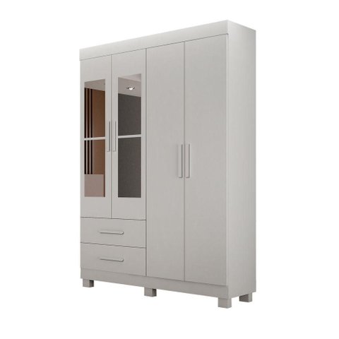 Guarda Roupa Solteiro Recife New 4 Portas de Bater 2 Gavetas MDF-MDP com Espelho Branco Leifer