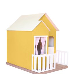 Casinha de Brinquedo Artesanal Janela Lateral Versátil com Cortinas Mdf Amarelo/branco L12 - Criança - 6