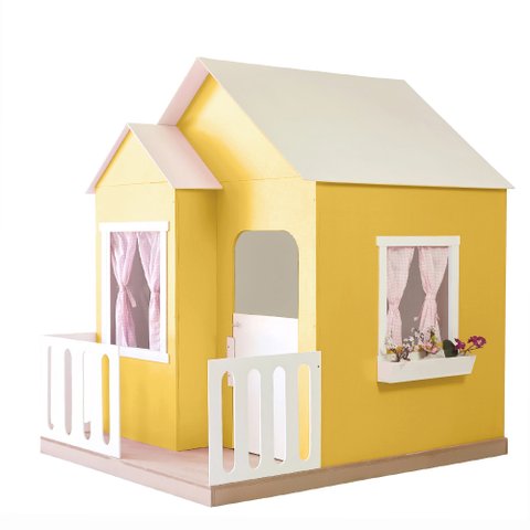 Casinha de Brinquedo Artesanal Janela Lateral Versátil com Cortinas Mdf Amarelo/branco L12 - Criança