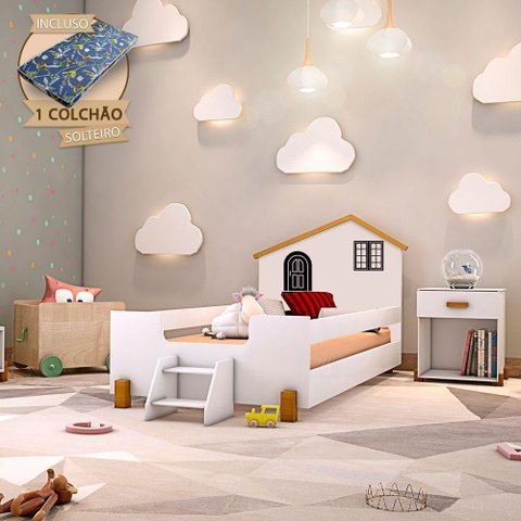 Cama Montessoriana Infantil Solteiro Belissima Preta - Branca e Mel + Colchão - Branco
