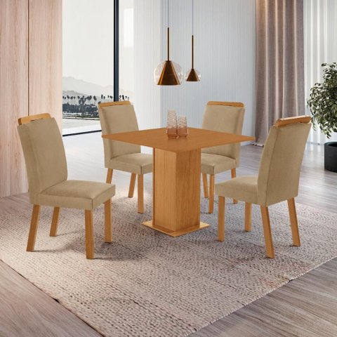 Conjunto Mesa de Jantar 90cm com 4 Cadeiras Estofadas Multimóveis Crrft-CON047 Madeirado/Bege