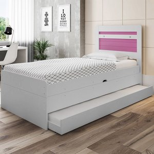 Cama Baú Larissa Solteiro com Auxiliar Branco Rosa