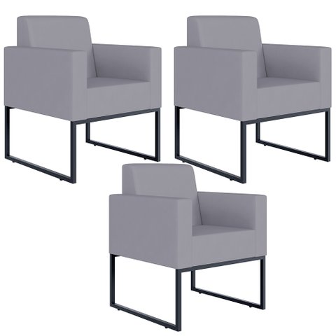 Kit 3 Poltronas Decorativas para Sala Recepção Base Fixa de Metal Helô L02 Suede Cinza - Lyam