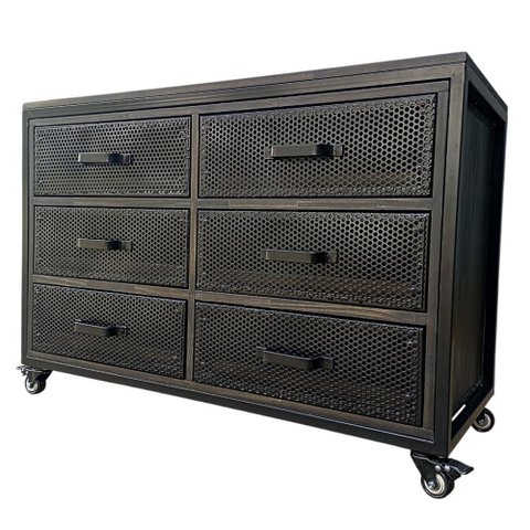 Gaveteiro com 6 Gavetas Cor Preta Estilo Industrial com Ferro Metalon e Madeira Maciça