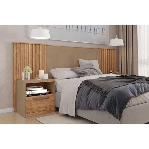 Painel Cama Box Madeirado Casal/queen/king Lucius 2 Mesas C/ 1 Gaveta Freijo/sued - Caemmun
