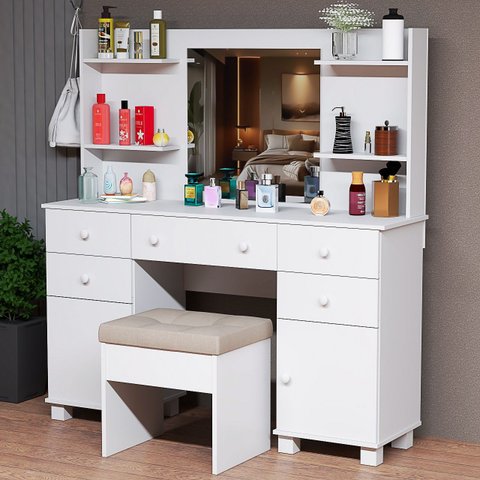 Penteadeira Camarim com Prateleira e Gaveta Espaçosa Acompanha Banqueta Baixa Puff Estofado