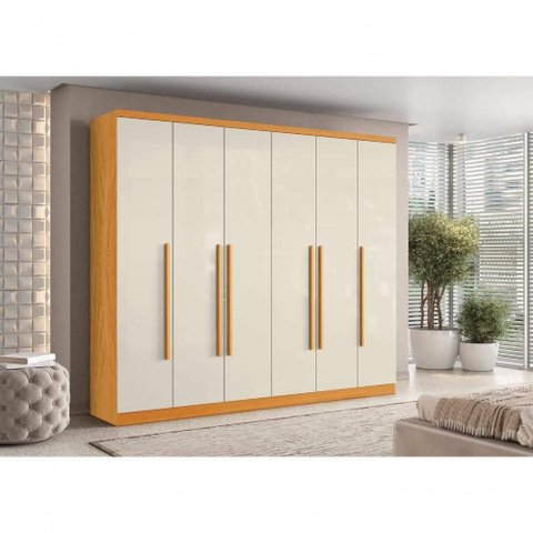 Roupeiro Canadá 8 Portas de Bater 6 Gavetas MDP Cinamomo Off White Aramóveis 268cm