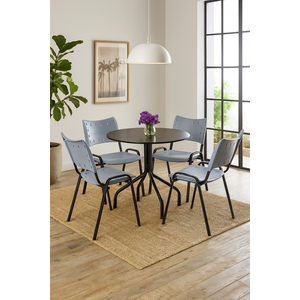 Jogo Mesa Redonda para Restaurante Comércio com 4 Cadeiras Iso Cinza Base Preta Ecomhome