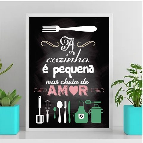 Quadro Decorativo Cozinha Pequena 45x34cm - com vidro:Madeira branca