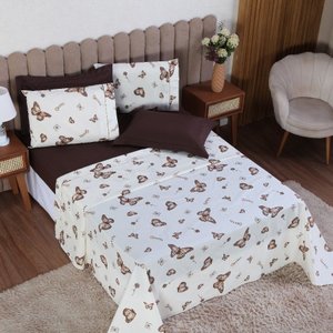 Jogo de Cama Casal 6p Lençol + Fronha Esmeralda Percal 100% Algodão:borboleta Marrom