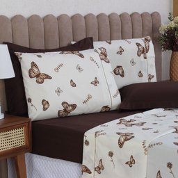Jogo de Cama Casal 6p Lençol + Fronha Esmeralda Percal 100% Algodão:borboleta Marrom - 3