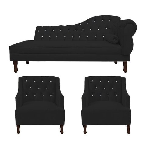 Kit Divã Cancun 185cm Braço Esquerdo + 2 Poltronas Genesis com Strass Suede: Preto