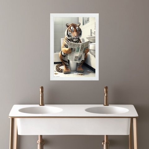 Quadro Banheiro Coleção Animais - Tigre 24x18cm - com Vidro:madeira Branca