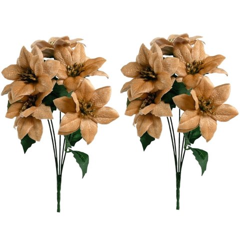 Jogo 2 Buquês Mini Bico de Papagaio Natal Veludo Champanhe 5 Flores - Magizi