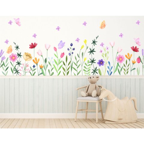 Adesivo de Parede Infantil Florais Boho e Borboletas 1mt