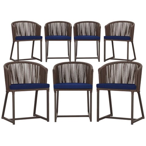 7 Cadeiras de Jantar Área Noronha em Alumínio com Pintura Marrom Corda Náutica Estofado 10 Trama Ori