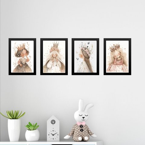 Kit 4 Quadros Infantis Menininhas Princesas 24x18cm - com Vidro:moldura Preta