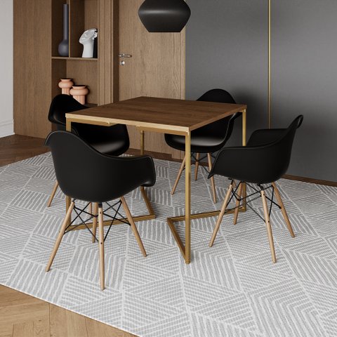 Mesa Jantar Industrial Quadrada 90cm Amêndoa Base V Dourada com 4 Poltronas Eames Eiffel Daw Madeira