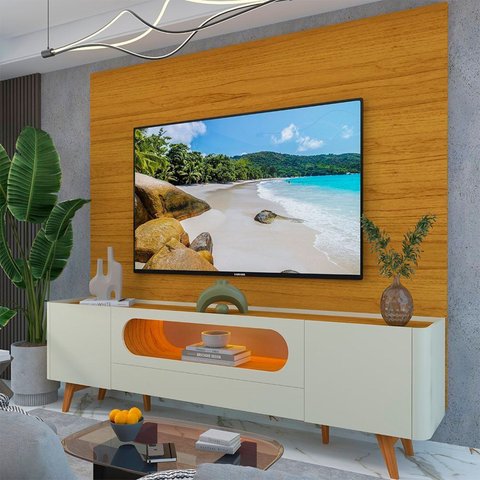 Rack com Painel para TV até 84 Polegadas com LED 100% MDF 217CMX237CM Pés em Madeira Maciça com LED 1 Gaveta 2 Portas Luminare Nobre