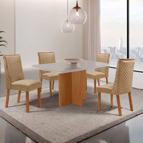 Mesa de Jantar Olimpia 120cm Tampo MDF Vidro com 4 Cadeiras Yasmin