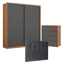 Ver imagem 1 de Guarda Roupa Belga 2 Portas e Cômoda Atria Amêndola Grafito com Cabeceira Luiza 140 cm Preto – Demar