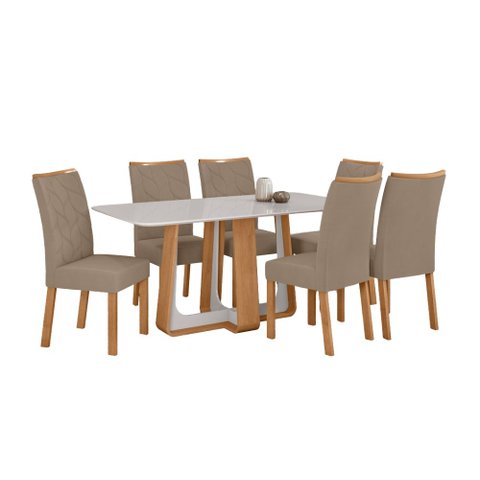 Conjunto Sala de Jantar Mesa Sintonia 170 Tampo Vidro Off White com 6 Cadeiras Rayla - Lopas Amendoa