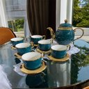 Ver imagem 2 de Jogo de 6 Xícaras e Bule para Chá e Café Verde com Detalhes Dourado