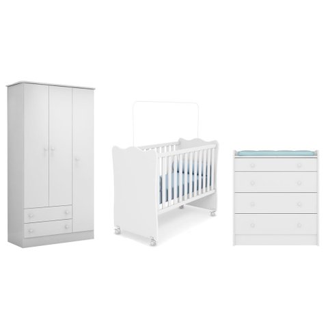 Quarto Infantil Guarda Roupa 3 Portas Meu Soninho, Berço e Cômoda Trocador Branco – Fdecor