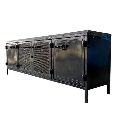 Rack Industrial com 4 Portas de Ferro e Revestimento de Madeira - Cor Preta
