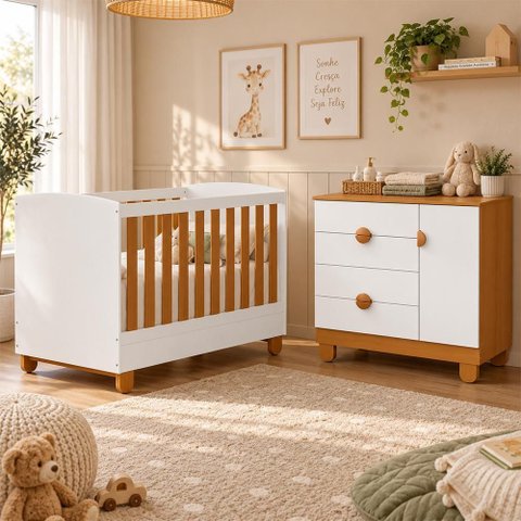 Berço Mini Cama com Cômoda Sapateira 1 Porta e 4 Gavetas Apolo Branco Fosco/Savana - Reller Mó