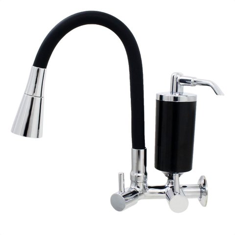 Torneira de Cozinha Preto Gourmet Parede Inox com Filtro Preto Flexível bico Arejador Duplo Jato