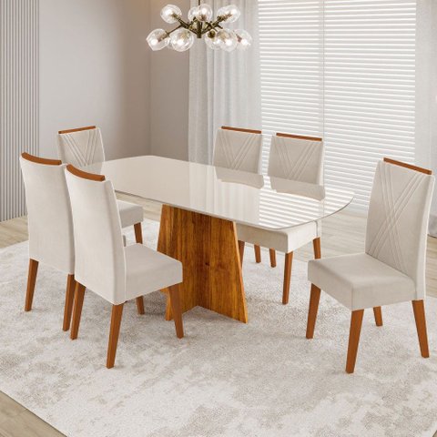 Mesa de Jantar 6 Lugares Fill com Vidro Mel/off White/pastel - Viero Móveis