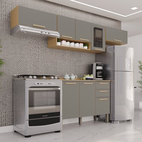 Cozinha Compacta Modulada 4 Peças 8 Portas 2 Gavetas Bella Cinza/Jequitibá/Granizo