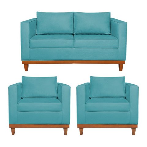 Kit Sofá 3 Lugares e 2 Poltronas Europa 180 cm Estilo Conforto e Elegância Suede Azul Turquesa