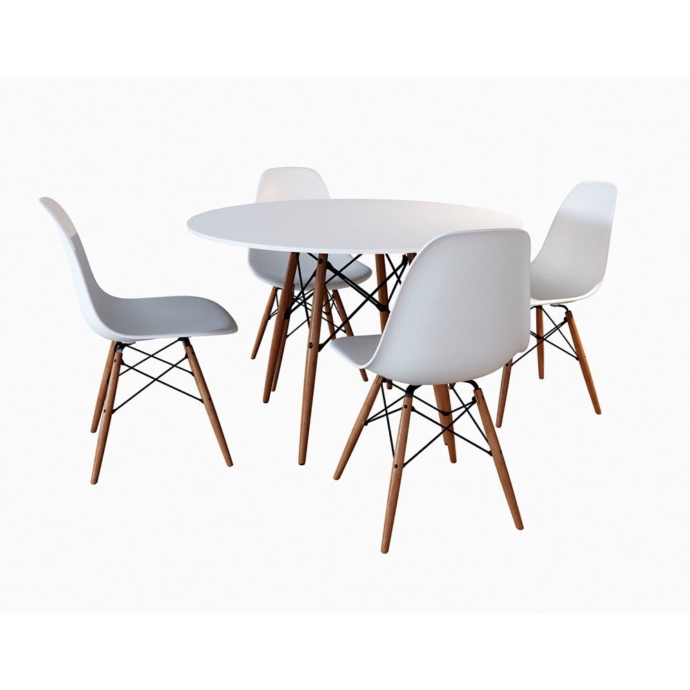 Jogo De Mesa 4 Cadeiras Brancas Eames Eiffel 110 Cm Base Madeira Tampo Branco - 2