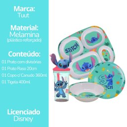 Jogo Refeição Infantil Melamina Stitch Disney 4 Peças Incluso Copo 3d - Tuut - 6