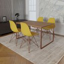 Ver imagem 1 de Mesa Industrial Base Ferro Cobre Tampo 137X90 Amêndoa 4 Cadeiras Ferro Cobre Assento Amarelo Marrom