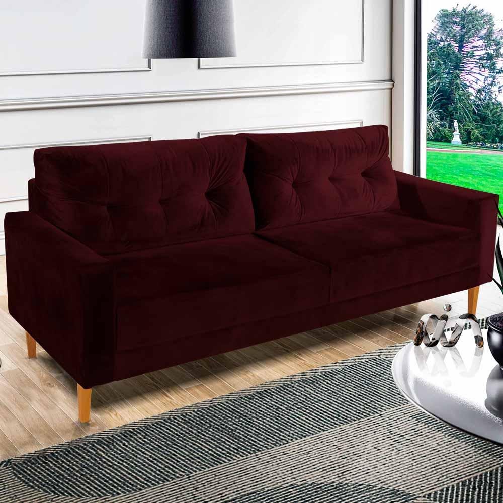 Sofá 3 Lugares Living 1,96M Veludo Vinho Copenhague Shop JM