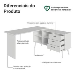 Escrivaninha Penteadeira de Canto 3 Gavetas Branco Madesa - 4
