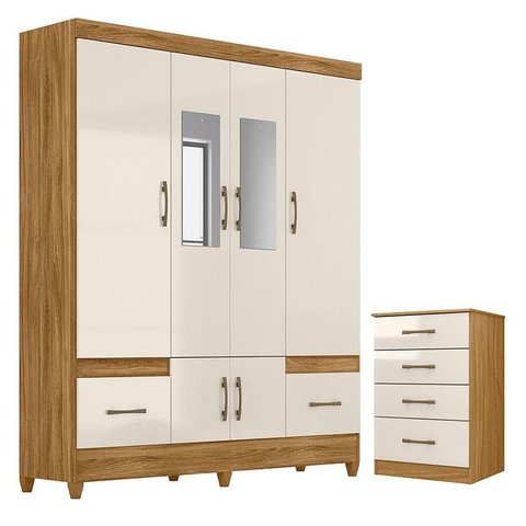 Guarda Roupa Casal Ms912 com Espelho e Cômoda Ms913 Freijó Off White – Moval