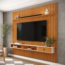 Ver imagem 1 de Painel Ripado para TV até 75 Polegadas MDF 230CMX250CM Prateleira Nicho e Gaveta Off White e Nature