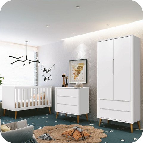 Quarto de Bebê Berço + Cômoda + Guarda Roupa Retrô Branco Theo Madeira