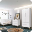 Ver imagem 1 de Quarto de Bebê Berço + Cômoda + Guarda Roupa Retrô Branco Theo Madeira
