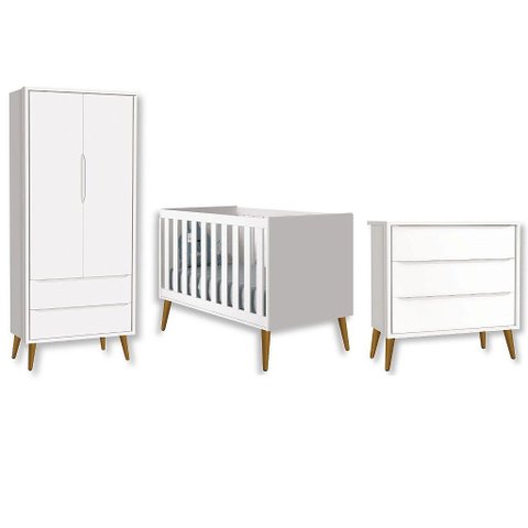 Quarto de Bebê Berço + Cômoda + Guarda Roupa Retrô Branco Theo Madeira