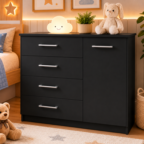 Cômoda 4 Gavetas com Porta para Quarto Multiuso Moderna - Preta
